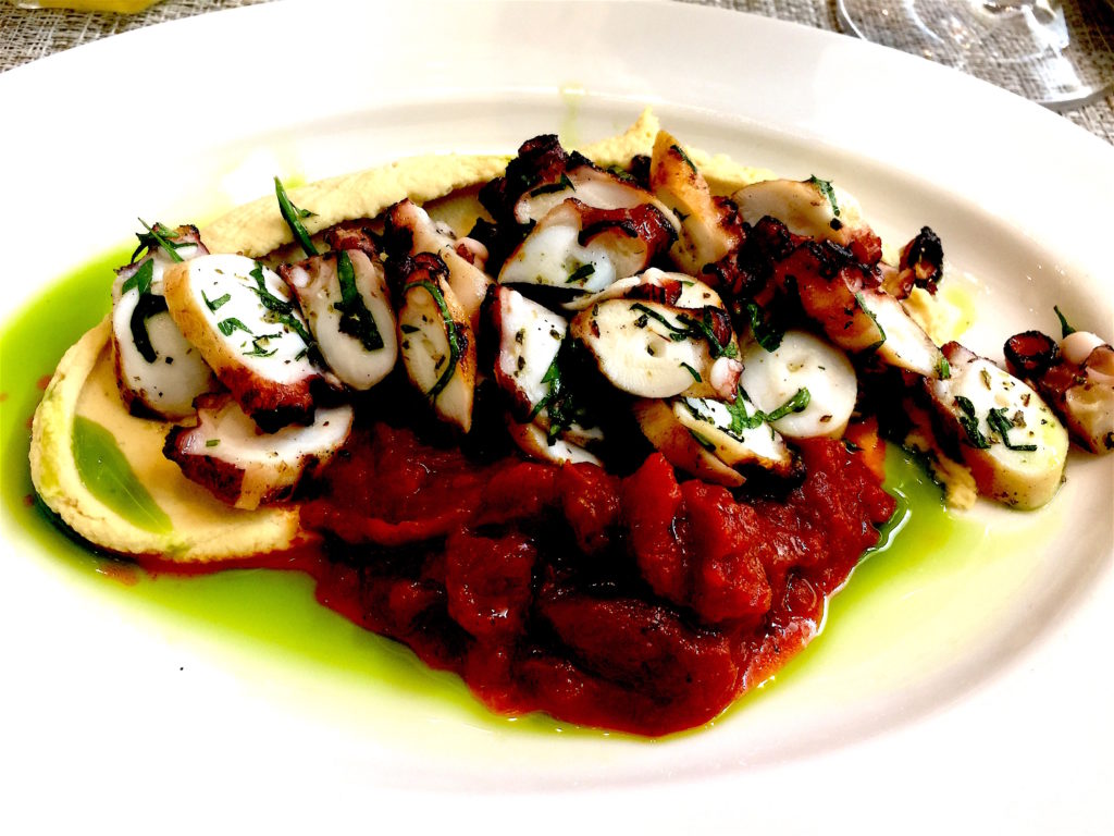 Grilled octopus with cinnamon tomato compote, hummus and green herbed olive oil