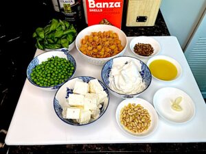 ingredients to make mediterranean chickpea pasta salad